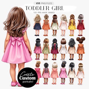 May include: Illustration of a toddler girl in a pink dress with a large bow, surrounded by 105 pre-made baby character designs. The image includes text that says "Toddler Girl" and "Create Custom portraits!"