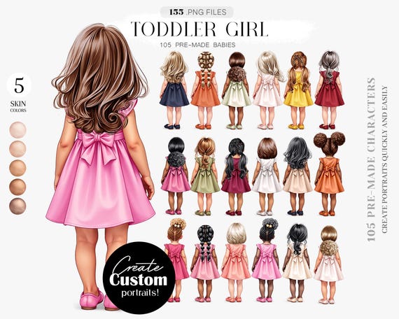Toddler Girl Clipart Set – Portrait Creator, Premade Character, Kids PNG