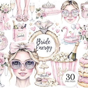 May include: A collection of watercolor illustrations with a bridal theme. Includes a pink robe, sunglasses, a diamond ring, champagne, donuts, and the text "Bride Energy". The color palette is primarily pink and white.