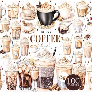 Puede incluir: Ilustración en acuarela de varias bebidas de café, incluyendo lattes, capuchinos y café helado, con crema batida y elementos decorativos. La imagen incluye el texto "DRINKS COFFEE clipart 100 .PNG FILES."