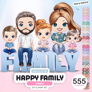 Clipart famiglia felice Chibi, creatore di ritratti di famiglia seduti, PNG di bambole, ritratto personalizzato, clipart personalizzabili, grafica anime
