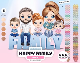 Chibi Happy Family Clipart, Sitting Family Portrait Creator, Dolls PNG, Personalized Portrait, Customizable Clipart, Anime Graphics