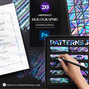 Może przedstawiać: Tablet cyfrowy wyświetlający 20 abstrakcyjnych wzorów holograficznych Photoshop. Wzory są tęczowe i zawierają różne kształty geometryczne i wzory. Na ekranie widoczny jest tekst "PATTERNS.F".