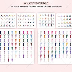Puede incluir: Una ilustraci&oacute;n digital de prendas de vestir, incluyendo camisetas, mangas, pantalones, zapatos, cuerpos y peinados. La imagen muestra una variedad de colores y estilos.