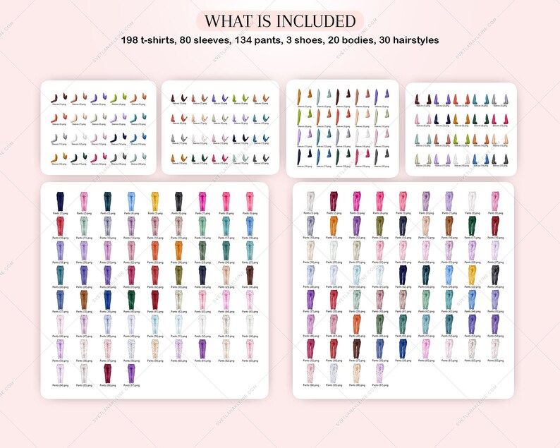 Puede incluir: Una ilustraci&oacute;n digital de prendas de vestir, incluyendo camisetas, mangas, pantalones, zapatos, cuerpos y peinados. La imagen muestra una variedad de colores y estilos.