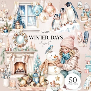May include: A digital illustration with winter themes, including a girl making a snowman, penguins, a fireplace, baubles, and the text "Warm Winter Days clipart". The colour scheme is soft, with pastel pinks, blues, and whites.