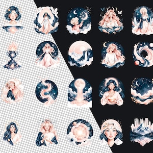Pode incluir: Uma cole&ccedil;&atilde;o de ilustra&ccedil;&otilde;es em aquarela com temas celestiais e m&iacute;sticos. Cada design apresenta mulheres, luas, estrelas e paisagens et&eacute;reas em tons de azul, rosa e dourado. A obra de arte tem uma est&eacute;tica sonhadora e fant&aacute;stica.