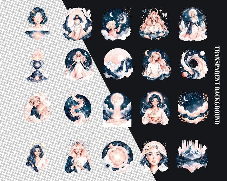 Pode incluir: Uma cole&ccedil;&atilde;o de ilustra&ccedil;&otilde;es em aquarela com temas celestiais e m&iacute;sticos. Cada design apresenta mulheres, luas, estrelas e paisagens et&eacute;reas em tons de azul, rosa e dourado. A obra de arte tem uma est&eacute;tica sonhadora e fant&aacute;stica.