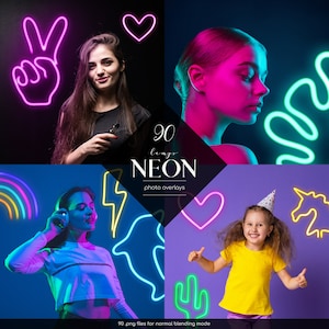 Neon Light Photo Overlays: Rainbow Glow Clipart (90 PNG Digital Download)