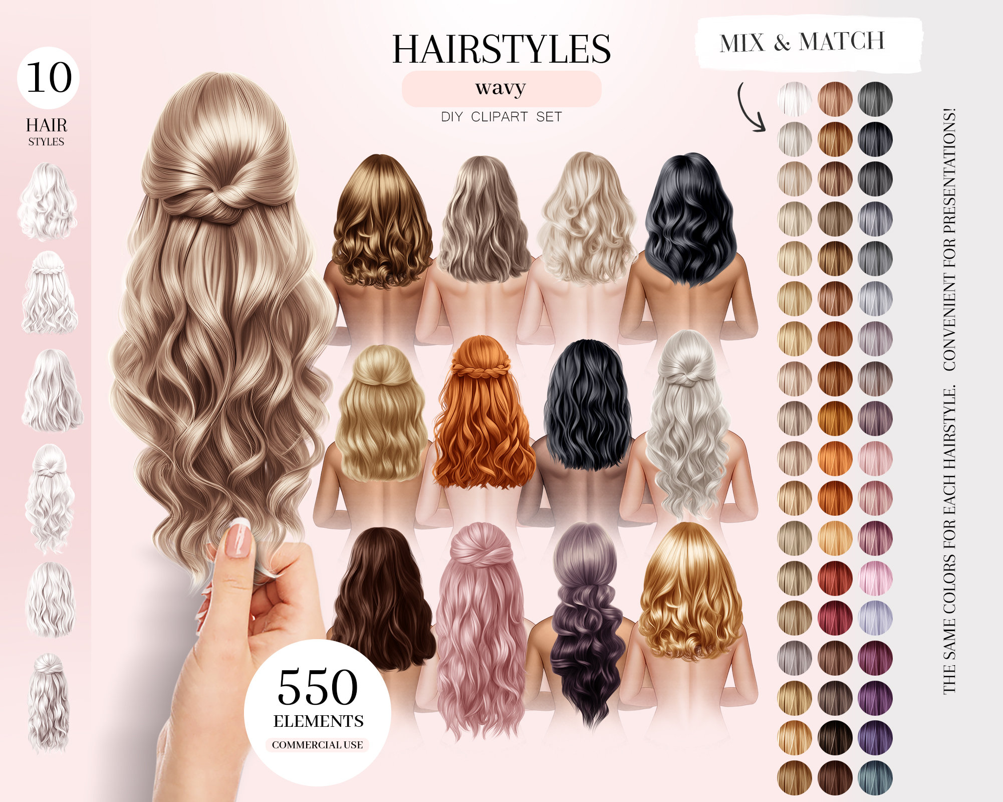 Wavy Hairstyles Clipart, Wavy Hair Illustrations, Woman Hair PNG