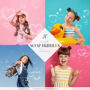 May include: A set of 30 heart-shaped soap bubble overlays for photo editing. The overlays are in various sizes and positions, with a rainbow iridescent effect. The text "30 hearts SOAP BUBBLES photo overlays" is displayed in the center of the image.