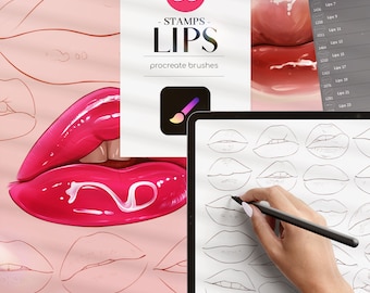 May include: A digital illustration of 35 different lip shapes, with a hand holding a stylus on a tablet screen. The text "35 STAMPS - LIPS procreate brushes" is visible on the image.