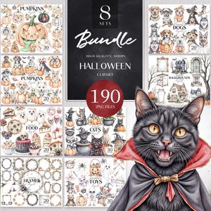 May include: A digital Halloween clipart bundle featuring 190 PNG files across 8 sets, including watercolor illustrations of pumpkins, dogs, cats, food, frames, toys, and backgrounds, with a central black cat wearing a red-lined vampire cape.