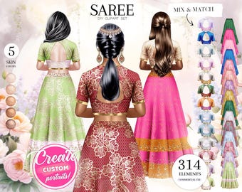Saree Clipart: Indian Woman DIY Portrait Graphics (Digital Download)