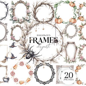 Puede incluir: Una colección de 20 archivos PNG con marcos de Halloween en acuarela. Los marcos incluyen calabazas, sombreros de bruja, arañas, rosas y diseños ornamentados. También se incluye el texto "Halloween Frames Clipart".