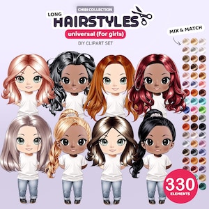 ロングチビヘアのクリップアート、光沢のあるヘアスタイル、人形クリエイター、ヘア PNG、カスタムポートレート、人形のヘアスタイル、カスタマイズ可能なクリップアート