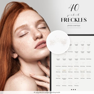 May include: 40 digital overlays of freckles for photo editing. The overlays are in various sizes and densities, suitable for adding freckles to the face, cheeks, nose, forehead, and other areas. The overlays are in PNG format and are designed for normal blending mode.
