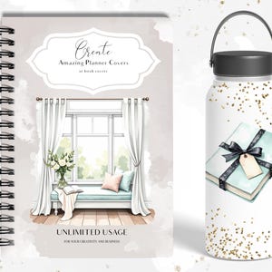 K&ouml;nnte beinhalten: Ein Bild eines spiralgebundenen Planer-Covers und eines Tumblers. Das Planer-Cover zeigt eine Aquarellillustration einer Fensterszene mit Vorh&auml;ngen, einer Bank und Blumen. Der Tumbler hat ein Buchdesign mit einer schwarzen Schleife und goldenem Glitzer.