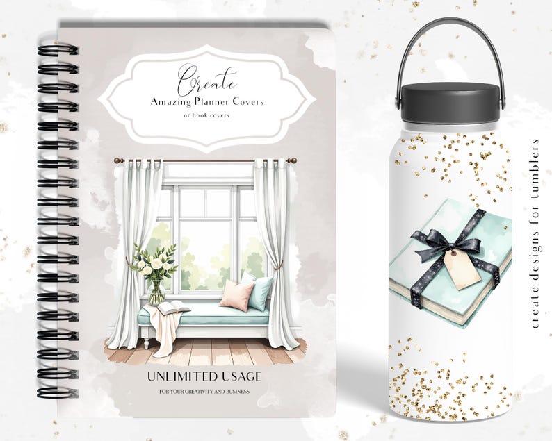 K&ouml;nnte beinhalten: Ein Bild eines spiralgebundenen Planer-Covers und eines Tumblers. Das Planer-Cover zeigt eine Aquarellillustration einer Fensterszene mit Vorh&auml;ngen, einer Bank und Blumen. Der Tumbler hat ein Buchdesign mit einer schwarzen Schleife und goldenem Glitzer.