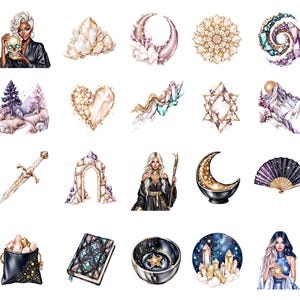 May include: A collection of watercolor illustrations featuring mystical and fantasy elements. Includes images of crystals, a crescent moon, a mandala, a woman holding a skull, a sword, a book, and a fan.