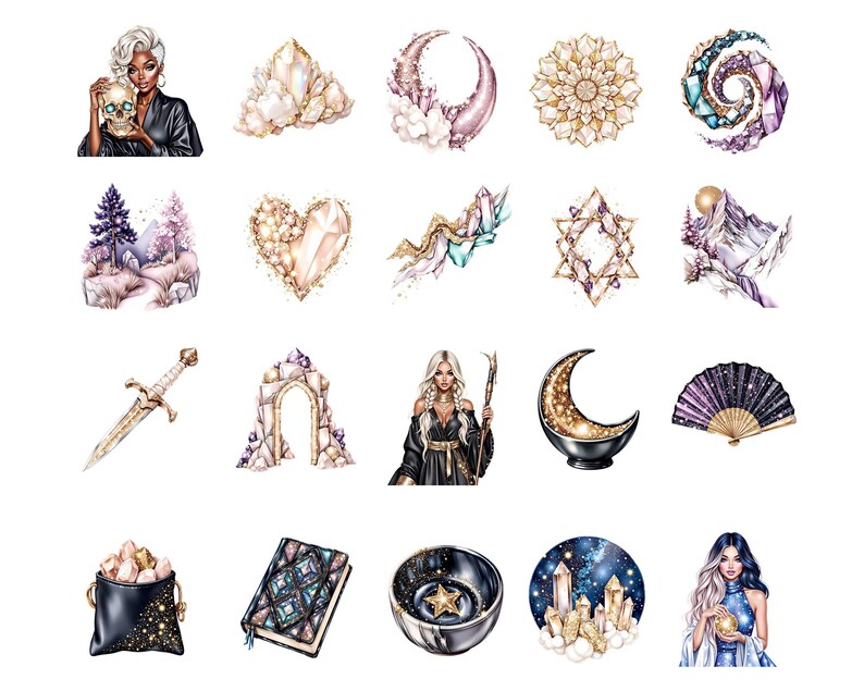 May include: A collection of watercolor illustrations featuring mystical and fantasy elements. Includes images of crystals, a crescent moon, a mandala, a woman holding a skull, a sword, a book, and a fan.
