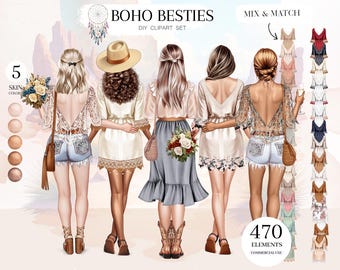 Boho Besties Clipart: Mix & Match PNG Portrait Creator (Digital Download)