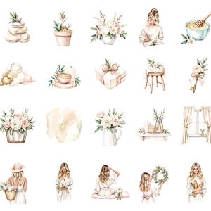May include: Watercolor illustrations of spa and self-care items, including stacked stones, potted plants, floral arrangements, a woman writing, a bowl of honey, a gift box, a small stool, a key, a flower, a shelf with candles, a window with curtains, and women.