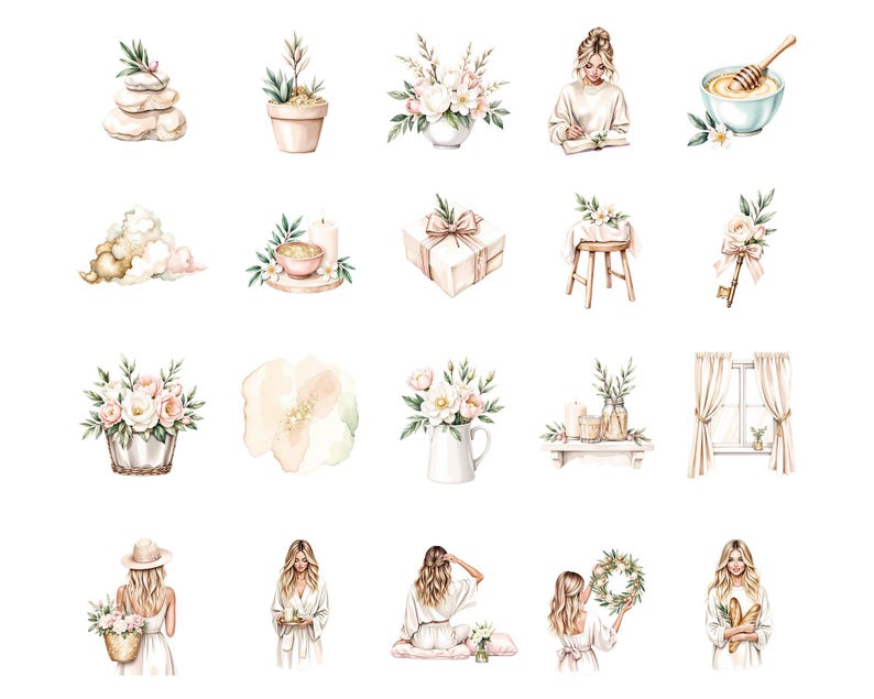 May include: Watercolor illustrations of spa and self-care items, including stacked stones, potted plants, floral arrangements, a woman writing, a bowl of honey, a gift box, a small stool, a key, a flower, a shelf with candles, a window with curtains, and women.