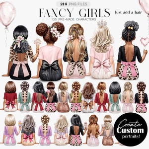 May include: Digital illustrations of girls with diverse hairstyles and outfits. The image includes the text "FANCY GIRLS" and "Create Custom portraits!" with the option to add hair. The image also includes 5 skin colour options.