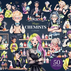 Pakiet clipartów naukowych, clipartów chemicznych, postacie naukowców PNG
