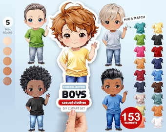 May include: A digital clipart set of 153 elements featuring five different skin tones of chibi boys with various clothing options. The set includes five skin tones, 12 t-shirt colors, and three different hairstyles. The text "CHIBI COLLECTION BOYS casual clothes DIY CLIPART SET" is included in the image.