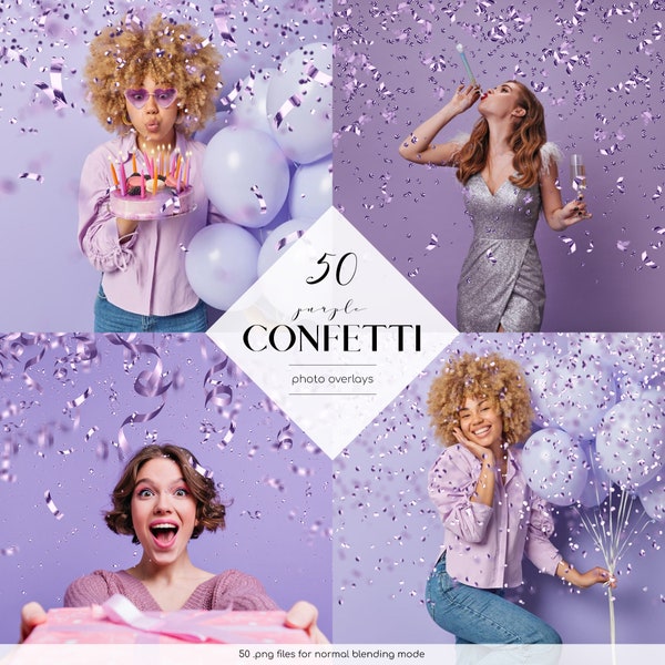 Purple Confetti Overlays, 50 PNG Files, Purple Confetti Clip Art, Festive Effects, Free Commercial Use