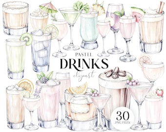 Pastel Drinks Clipart, 30 PNG Cocktail & Drink Illustrations, Aesthetic Sublimation Designs