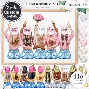May include: A digital clipart set of five bridesmaids with different hairstyles and outfits. Each bridesmaid is wearing a different hat with the word "Bride" or "Team Bride" on it. The set includes five skin tones and 416 elements for commercial use.