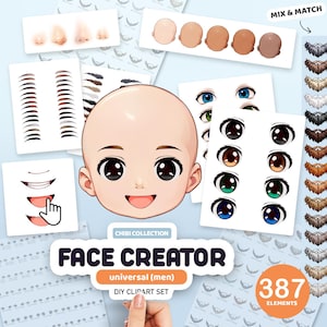 Men Face Creator Clipart, Chibi Boy Portrait Creator, Broda, Usta, Oczy, Anime Faces Clip Art, Personalizowana Głowa, Niestandardowe Clipart