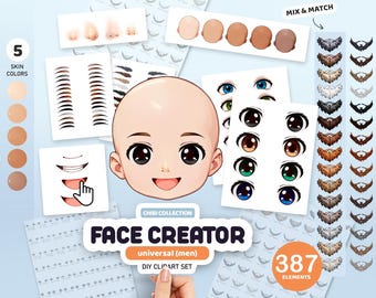 Men Face Creator Clipart, Chibi Boy Portrait Creator, Beard, Lips, Eyes, Anime Faces Clip Art, Personalized Head, Customizable Clipart