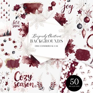 May include: A selection of burgundy Christmas digital backgrounds. The image showcases watercolour illustrations of snowflakes, baubles, and festive phrases such as "joy" and "cozy season." Includes 50 PNG and JPG files.