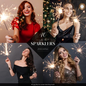 May include: 40 realistic sparkler photo overlays for screen blending mode. The image shows four women holding sparklers in different poses and settings.