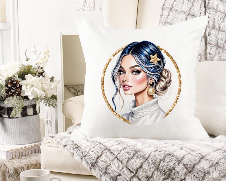 Pode incluir: Almofada decorativa branca com uma ilustra&ccedil;&atilde;o digital de uma mulher com cabelo azul e loiro, um acess&oacute;rio de cabelo de estrela dourada e brincos dourados. O retrato est&aacute; dentro de um c&iacute;rculo de glitter dourado.