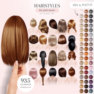 Hairstyles for Girls Clipart, Basic Hair Illustrations, Children Hair PNG Graphics