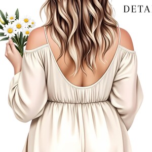 May include: Illustration of a person wearing a cream-colored off-the-shoulder dress, holding a bouquet of white daisies with yellow centers and green leaves. The person has long, wavy blonde hair. The word "DETAILS" is in black text.