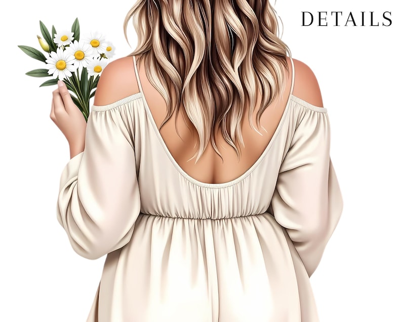 May include: Illustration of a person wearing a cream-colored off-the-shoulder dress, holding a bouquet of white daisies with yellow centers and green leaves. The person has long, wavy blonde hair. The word "DETAILS" is in black text.