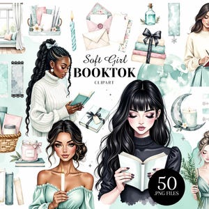 K&ouml;nnte beinhalten: Aquarell-Digital-Clipart-Set mit dem Text "Soft Girl Booktok Clipart" und "50 .PNG FILES". Das Bild zeigt Illustrationen von lesenden Frauen, B&uuml;chern, Kerzen und dekorativen Elementen in sanften Pastellfarben.