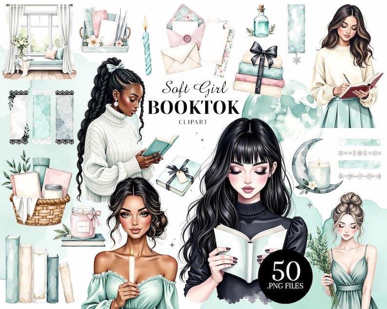 K&ouml;nnte beinhalten: Aquarell-Digital-Clipart-Set mit dem Text "Soft Girl Booktok Clipart" und "50 .PNG FILES". Das Bild zeigt Illustrationen von lesenden Frauen, B&uuml;chern, Kerzen und dekorativen Elementen in sanften Pastellfarben.