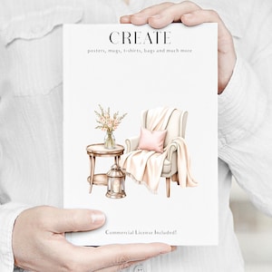 May include: A watercolor illustration featuring a cozy interior scene. It includes a cream-colored armchair with a pink pillow and a draped blanket, a small round table with a vase of flowers, and a lantern. The word "CREATE" is at the top.