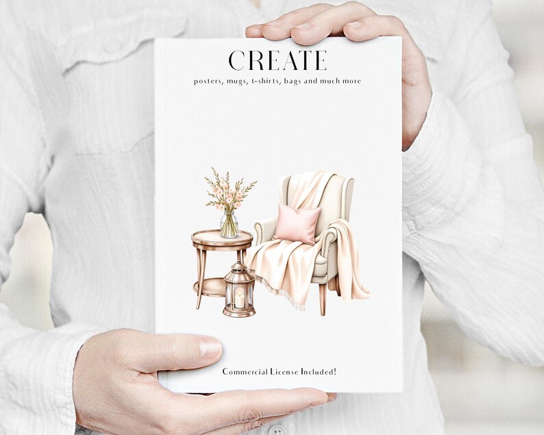 May include: A watercolor illustration featuring a cozy interior scene. It includes a cream-colored armchair with a pink pillow and a draped blanket, a small round table with a vase of flowers, and a lantern. The word "CREATE" is at the top.
