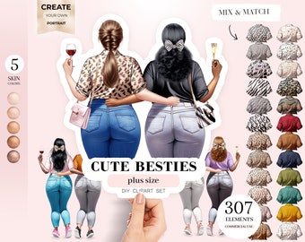 Söta bästa vänner clipart, kurviga vänner, mode bästa vänner clipart, tjejporträttskapare, bästa vänner PNG, personligt porträtt, anpassad konst