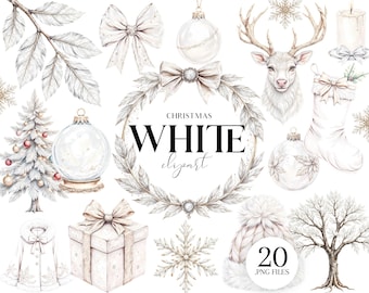 Clipart de Navidad blanca, 20 elegantes ilustraciones invernales PNG, diseños de sublimación para fiestas