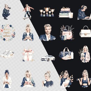 May include: A collection of watercolour illustrations featuring a woman with a camera, a skateboarder, trophies, books, a laptop user, a man, a suitcase, a handbag, a sports bag, a car, trainers, a gift box, and a floral wreath.