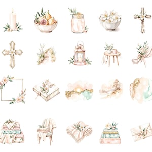 May include: Watercolor illustrations of various objects, including a candle, figs in a bowl, a jar, flowers, crosses, a lantern, a table, a bouquet, a frame, a book, and blankets. The color palette is soft and neutral.
